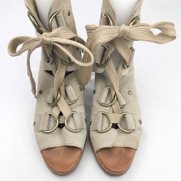 Sorel AFTER HOURS Lace Up Wedge Heel Casual Ankle Bootie Sandal in Oatmeal - Picture 3 of 16